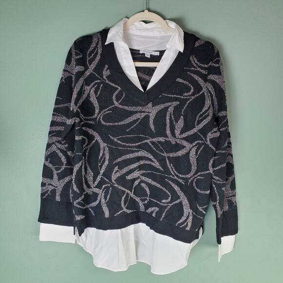 Chicos Womens Knit Woven Ribbon Print Pullover Sweater Size 2 Large - Picture 1 of 6